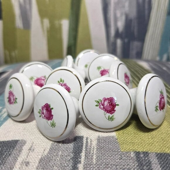 Vtg Porcelain Rose Drawer Knobs x 10 Shabby Chic Cottage Core Cabinet Knob Japan - Picture 5 of 8
